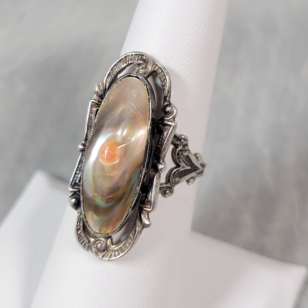 Vintage Sterling Silver Abalone Blister Pearl Ring Art Nouveau Revival